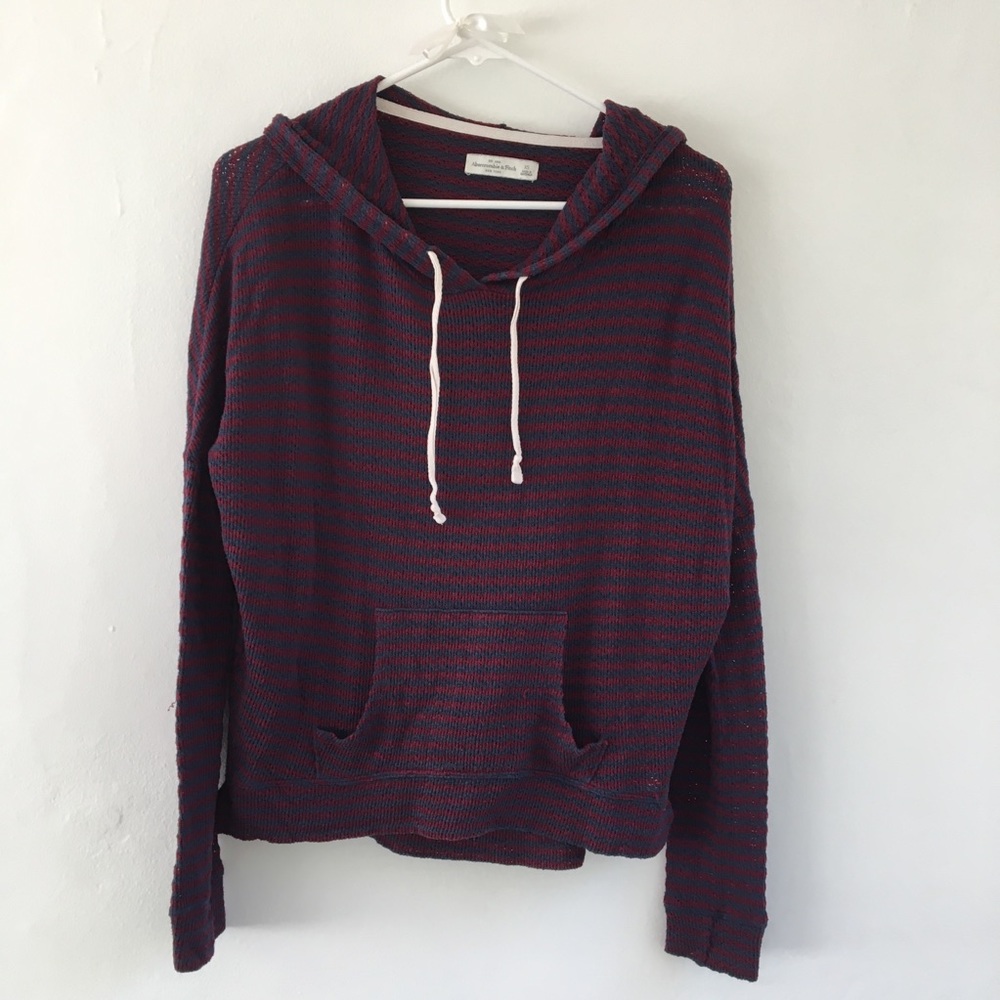 Striped Hooded Knit Pullover - Burgundy/Blue